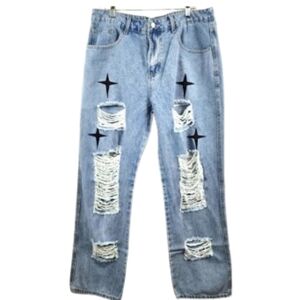 Blue Distressed Baggy Oversized Jeans with Star Accents Loose Fit Size XL